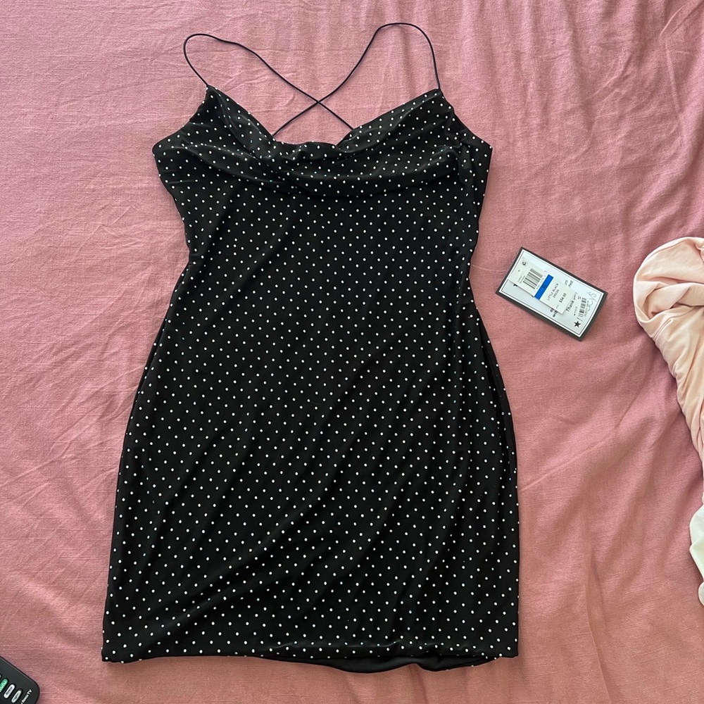 Strappy rhinestone cowl neck mini dress